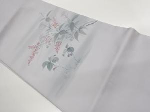 塩瀬手描き草花に実模様開き名古屋帯（額縁仕立て）